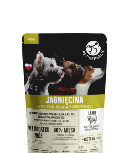 PetRepublic drobno siekane kawałki w delikatnym sosie - jagnięcina 100g dla psa