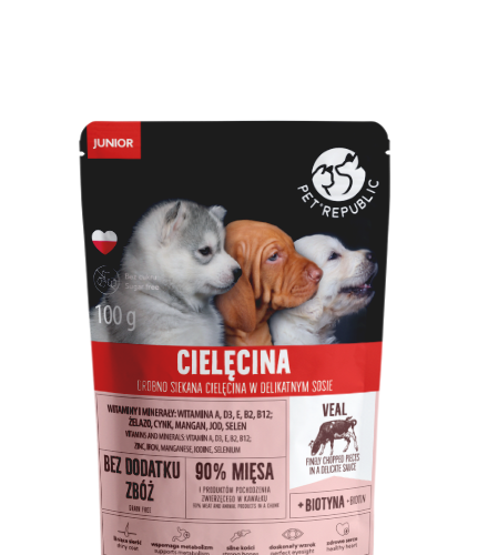 PetRepublic JUNIOR drobno siekane kawałki w delikatnym sosie - cielęcina 100g dla psa