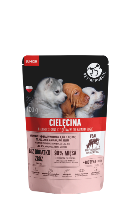 PetRepublic JUNIOR drobno siekane kawałki w delikatnym sosie - cielęcina 100g dla psa